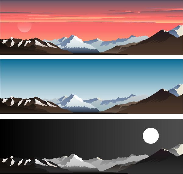 بنرهای افقی منظره کوه را تنظیم کنید طلوع خورشید در کوهستان غروب خورشید در کوهستان شب در کوه کوه های روزانه بنرهای تبلیغاتی