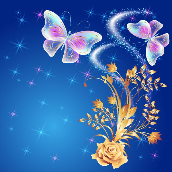 پروانه های شفاف پرنده با تزئینات طلایی گل رز و آتش بازی درخشان