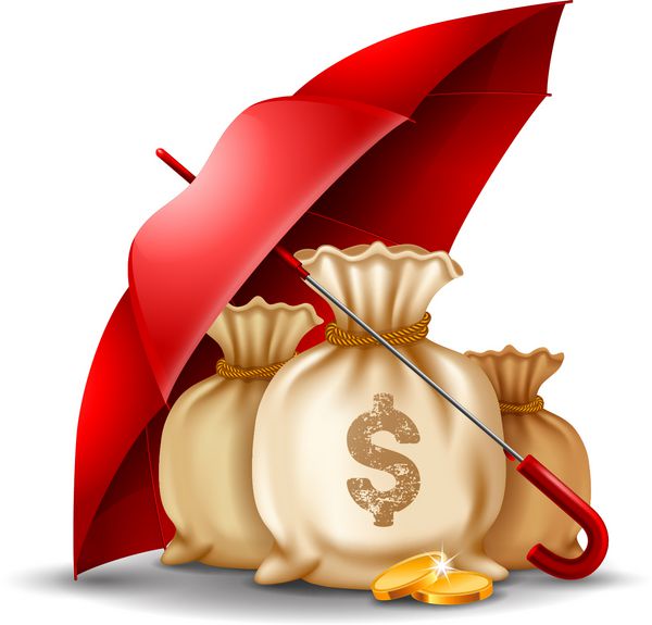 کیسه های پول و سکه های طلا زیر چتر قرمز مفهوم محافظت از پول وکتور جدا شده در زمینه سفید