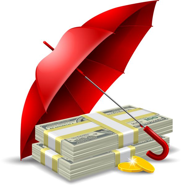 بسته های دلار و سکه های طلا زیر چتر قرمز مفهوم محافظت از پول وکتور جدا شده در زمینه سفید