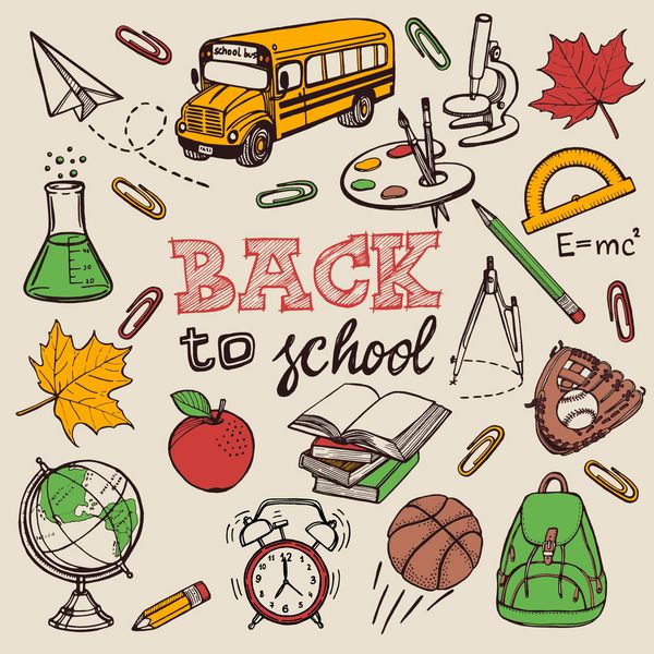 دست به مجموعه مدرسه کشیده شده است کتاب کوله پشتی برگ افرا بسکتبال مداد سیب پالت برس هواپیمای کاغذی ساعت زنگ دار گیره دستکش بیسبال کره فلاسک آزمایشگاهی