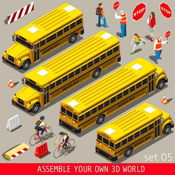 اتوبوس مدرسه بازگشت به مدرسه مردم و وسایل نقلیه بردار 3 بعدی مسطح افراد ایزومتریک اتوبوس مدرسه زرد با دانش آموزان معلم دستیاران داوطلب تصویر وکتور دنیای سه بعدی مجموعه وسایل نقلیه مدرسه
