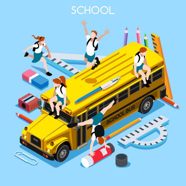 اتوبوس مدرسه با گروهی از دانش آموزان و لوازم التحریر دانش آموزان افراد ایزومتریک سه بعدی تخت مفهوم اتوبوس زرد 4 بازگشت به مدرسه تصویر وکتور اینفوگرافیک آموزش وسیله نقلیه اتوبوس مدرسه و گروه دانش آموزان