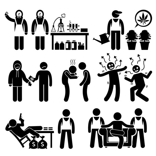 نمادهای پیکتوگرام شکل چوبی که شیمیدان را در حال پختن مواد مخدر غیرقانونی نشان می‌دهد ارباب مواد مخدر سندیکای تجاری گانگستر