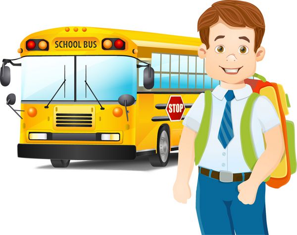 تصویر کارتونی پسر مدرسه ای و اتوبوس مدرسه بردار
