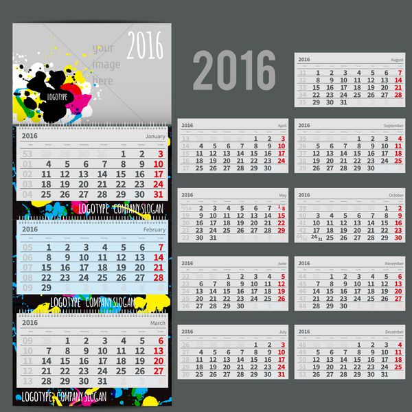 تقویم وکتور 2016 - برنامه ریز برای سه ماه شامل sp برای po شما و متن با لکه های رنگارنگ می تواند برای شرکت های هنری افراد خلاق یا سایر انواع طراحی شما استفاده شود