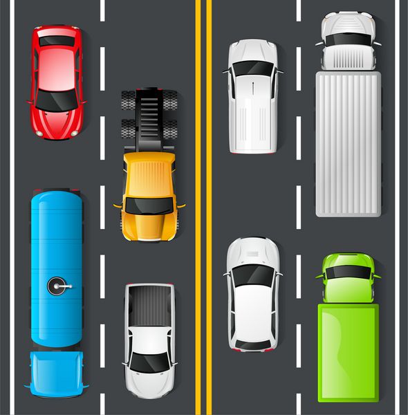 مفهوم ترافیک بزرگراه با وکتور از خودروها و کامیون ها در جاده آسفالت