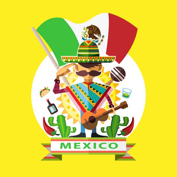 تصویر مرد مکزیکی ماریاچی درود بر روز استقلال مکزیک پرچم ملی با پس زمینه فرهنگ نمادین