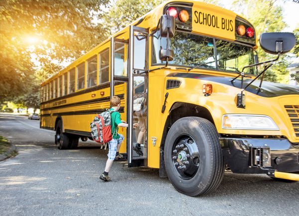 گروهی از بچه های خردسال سوار اتوبوس مدرسه می شوند