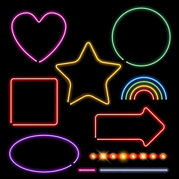 مجموعه تابلوهای نئونی وکتور - فرم های متنوع و حاشیه لامپ دایره قلب طرح های فلش رنگین کمان ستاره مربعی