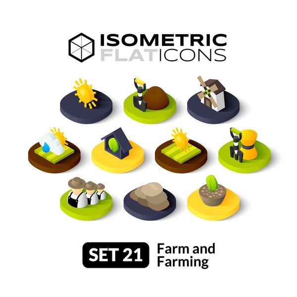 آیکون های مسطح ایزومتریک مجموعه وکتور پیکتوگرام های سه بعدی 21 - مجموعه نمادهای مزرعه و کشاورزی