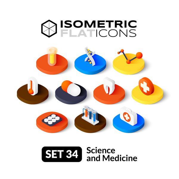 آیکون های مسطح ایزومتریک مجموعه وکتور پیکتوگرام های سه بعدی 34 - مجموعه نمادهای علم و پزشکی