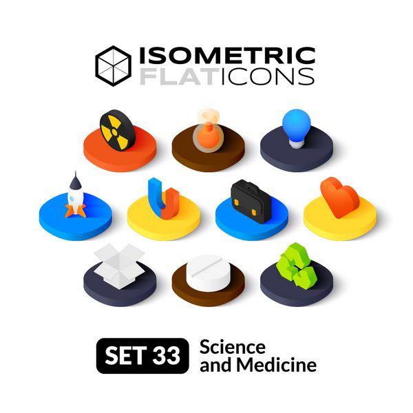 آیکون های مسطح ایزومتریک مجموعه وکتور پیکتوگرام های سه بعدی 33 - مجموعه نمادهای علم و پزشکی