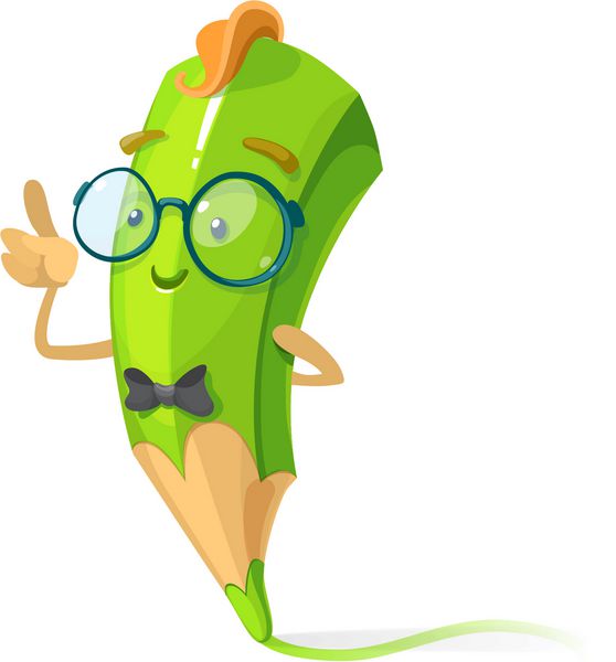 شخصیت کارتونی مداد سبز با عینک و کراوات