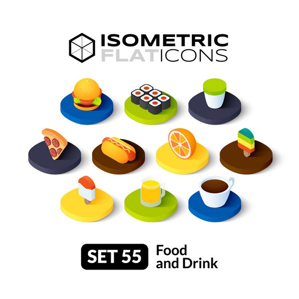 آیکون های مسطح ایزومتریک مجموعه وکتور پیکتوگرام های سه بعدی 55 - مجموعه نمادهای غذا و نوشیدنی