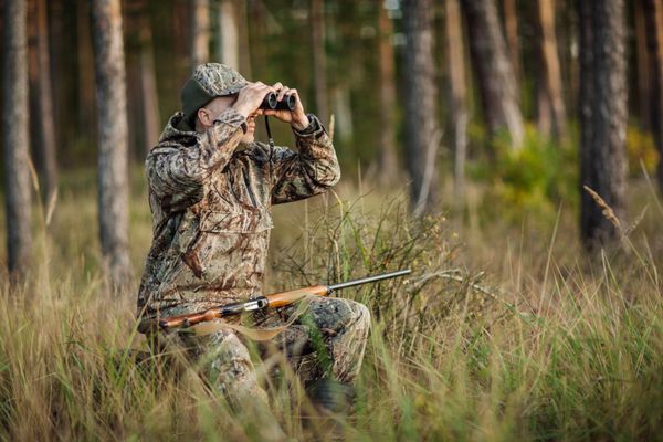 مرد شکارچی با تفنگ که از طریق دوربین دوچشمی در جنگل نگاه می کند