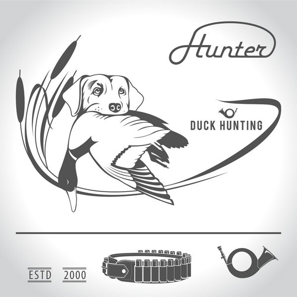 لوگوی شکار سگ شکاری با اردک وحشی در دندان و عناصر طراحی لباس شکارچی 3