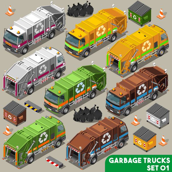 جمع آوری کامیون زباله مجموعه آیکون های وکتور تخت سه بعدی پالت ناوگان خودروهای رنگارنگ ایزومتریک بخش بهداشت یا صنعت بازیافت