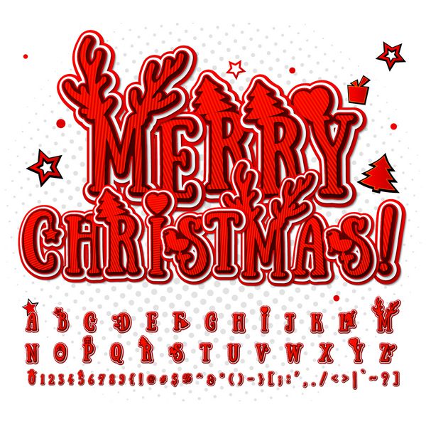 فونت طنز خلاقانه قرمز با جزئیات بالا الفبا به سبک کمیک و هنر پاپ حروف و فیگورهای رنگارنگ خنده دار چند لایه برای تزئین کارت تبریک کریسمس و سال نو مبارک