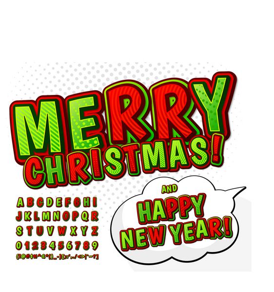 فونت کمیک خلاقانه سبز-قرمز با جزئیات بالا الفبا به سبک کمیک و هنر پاپ حروف و فیگورهای رنگارنگ خنده دار چند لایه برای تزئین کارت تبریک کریسمس و سال نو مبارک