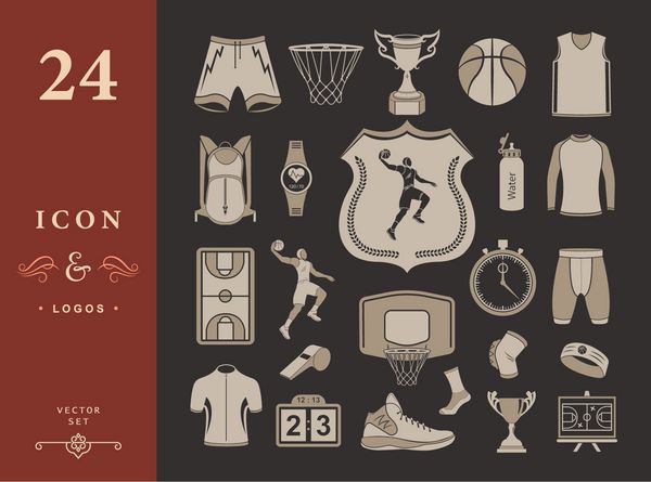 مجموعه آیکون بسکتبال - وکتور سهام مجموعه بزرگی از نمادها آرم ها و نمادهای بسکتبال تجهیزات ورزشی حفاظت ردیاب سیلوئت بازیکنان لباس لباس و کفش