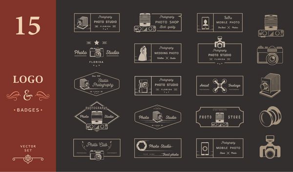مجموعه بزرگی از علائم آرم ها و نشان ها برای استودیوها کلوپ ها تیراندازی هوایی مغازه ها و عکاسی عروسی مجموعه ای از نمادها و نمادها برای طرح شما - وکتور استوک