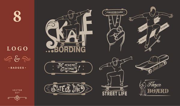 مجموعه ای از نمادهای اسکیت بورد آرم نشان برچسب ها و عناصر طراحی شده مجموعه تابلوهای هنر خیابانی زندگی خیابانی و گرافیتی