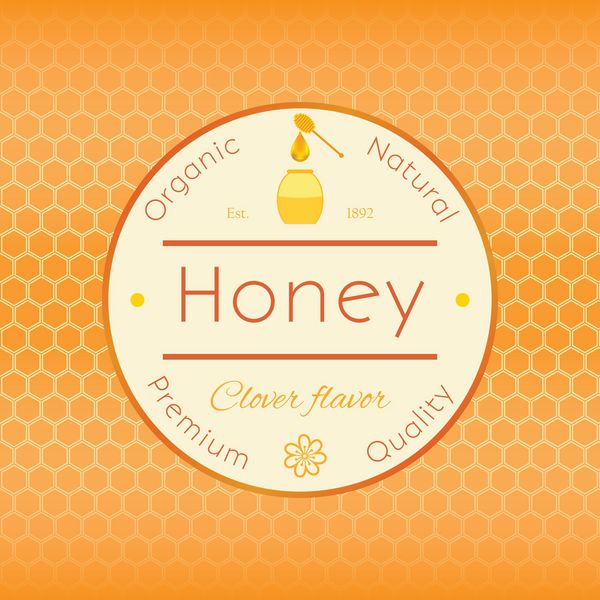 الگوی برچسب عسل برای محصولات آرم عسل با زنبور عسل و قطره عسل در پس زمینه الگوی رنگارنگ لانه زنبوری