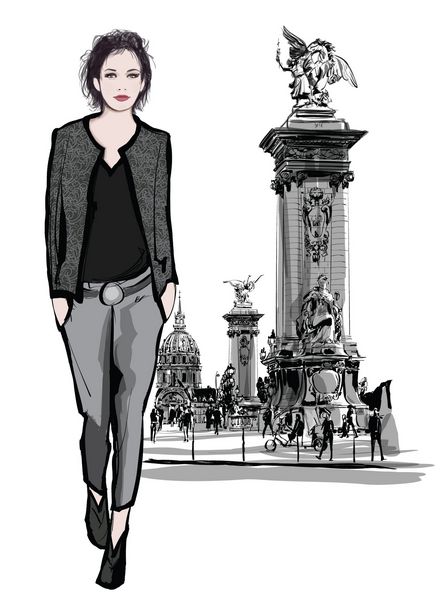 زن در حال راه رفتن روی پل الکساندر سوم در پاریس فرانسه - وکتور