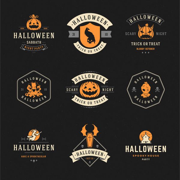 مجموعه نشان ها و برچسب های شاد هالووین قدیمی عناصر طراحی وکتور کارت تبریک