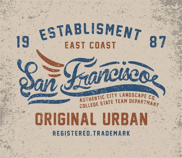 طرح گرافیکی تی شرت قدیمی شهر سان فرانسیسکو با تایپوگرافی و افکت قدیمی