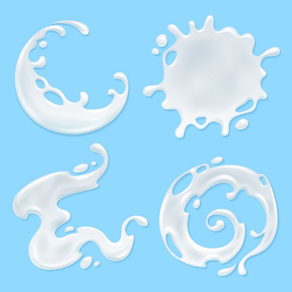 ست شیر ماست یا کرم بلات لکه های سفید قطرات را روی پس زمینه آبی می پاشند منحنی های گرد مارپیچی و انتزاعی شکل می گیرد