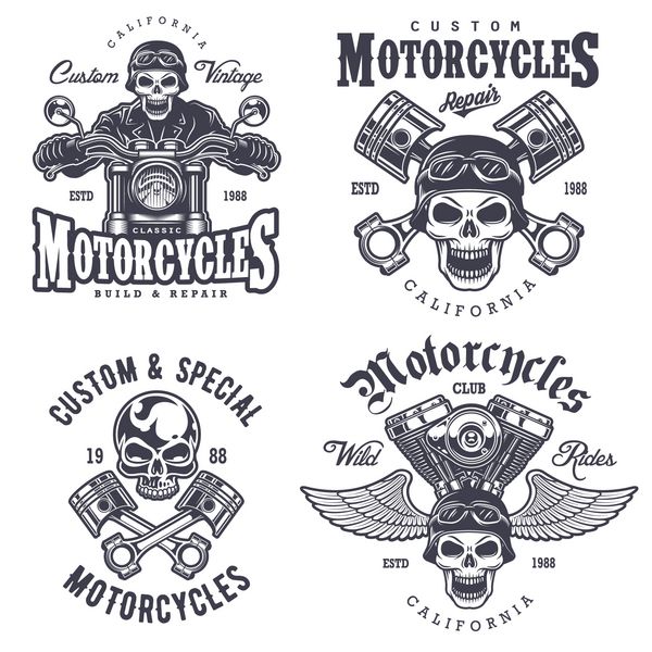 مجموعه ای از نمادها برچسب ها نشان ها آرم ها و عناصر طراحی موتور سیکلت قدیمی سبک تک رنگ