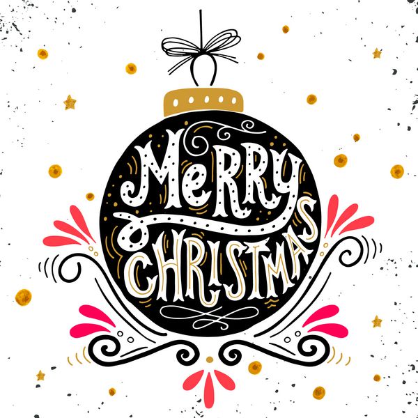 پوستر رترو کریسمس مبارک با حروف دستی توپ کریسمس و عناصر تزئینی این تصویر را می توان به عنوان کارت تبریک پوستر یا چاپ استفاده کرد
