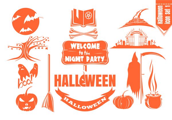 مجموعه آیکون تخت تک رنگ برای مهمانی شبانه هالووین وکتور