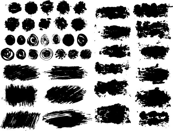 مجموعه ای از لکه های جوهر سیاه خطوط و دایره های برس بردار گرانج پس زمینه های بافت سیاه
