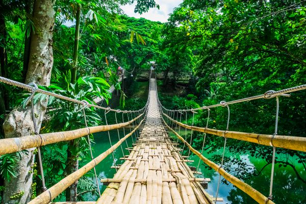 پل معلق عابر پیاده بامبو بر روی رودخانه در جنگل های استوایی فیلیپین