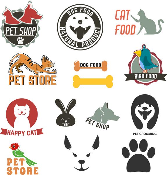 مجموعه ای از برچسب ها و نشان های پت شاپ غذای گربه غذای سگ فروشگاه حیوانات خانگی قالب طراحی لوگو نظافت حیوانات خانگی
