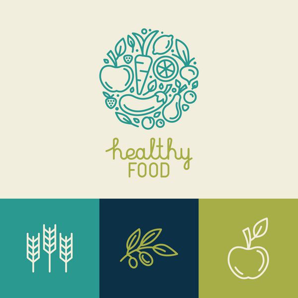 الگوی طراحی آرم وکتور با نمادهای میوه و سبزیجات به سبک خطی مرسوم مد روز - نماد انتزاعی برای فروشگاه ارگانیک فروشگاه مواد غذایی سالم یا کافه گیاهی