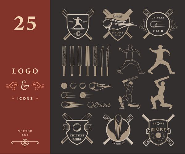 مجموعه ای از لوگوها و نشان های وکتور کریکت مجموعه ای از علائم نمادها و نمادهای قدیمی بازی ورزشی کریکت در پس زمینه ایزوله سفید مجموعه ای از عناصر طراحی نشان تیم کریکت
