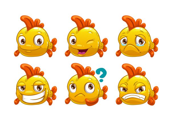 ماهی زرد کارتونی خنده دار با احساسات مختلف جدا شده در پس زمینه سفید مجموعه وکتور