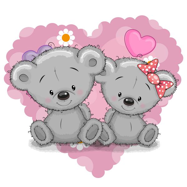 دو خرس کارتونی زیبا در پس زمینه قلب