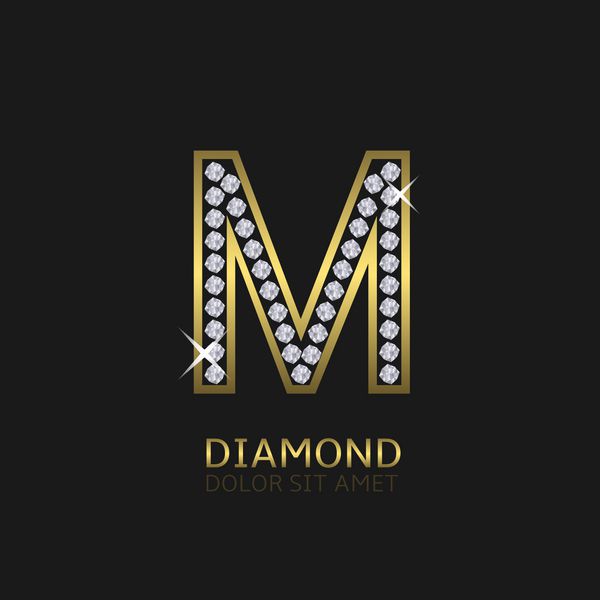 لوگوی فلزی طلایی m با الماس لوکس سلطنتی ثروت نماد زرق و برق وکتور