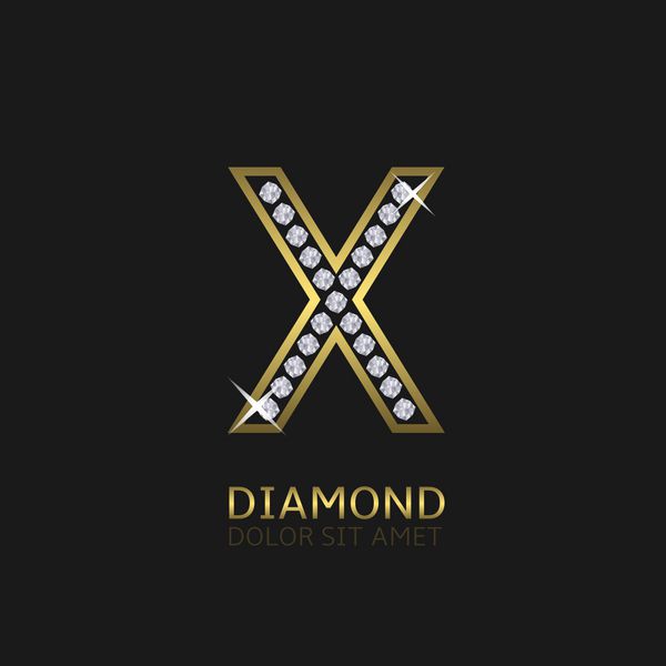 حرف فلزی طلایی x آرم با الماس لوکس سلطنتی ثروت نماد زرق و برق وکتور