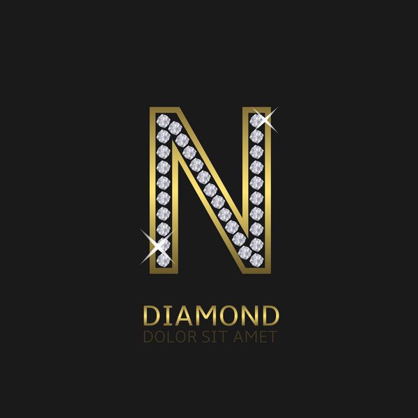 آرم حرف n فلزی طلایی با الماس لوکس سلطنتی ثروت نماد زرق و برق وکتور