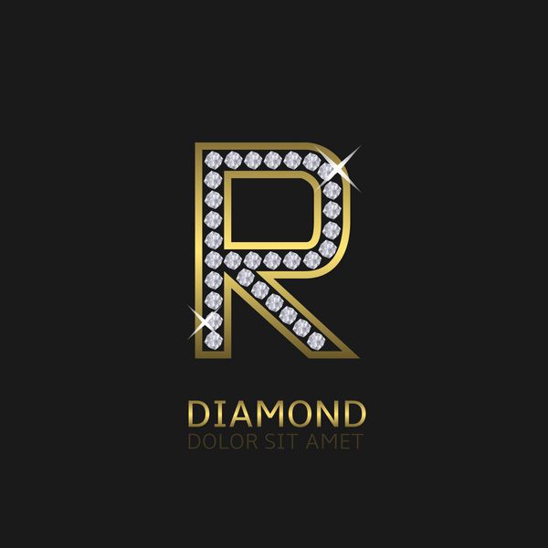 آرم حرف r فلزی طلایی با الماس لوکس سلطنتی ثروت نماد زرق و برق وکتور
