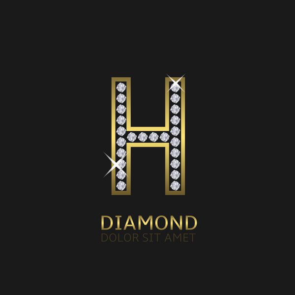 لوگوی فلزی طلایی h با الماس لوکس سلطنتی ثروت نماد زرق و برق وکتور