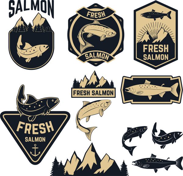 نمادها برچسب ها و عناصر طراحی ماهی سالمون تازه قدیمی الگوی طراحی لوگو نشان یا برچسب