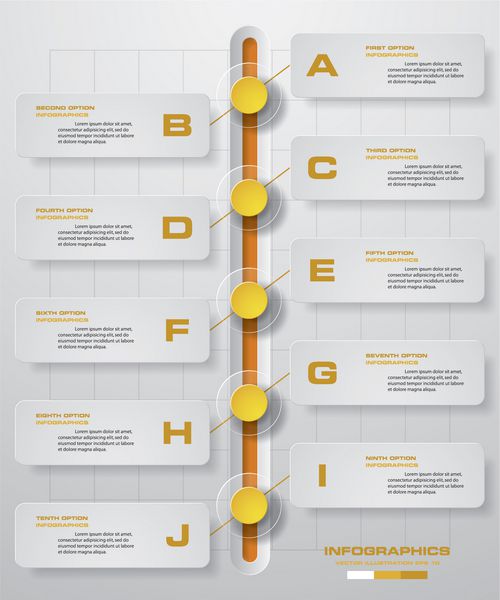 قالب تایم لاین طراحی اینفوگرافیک و مفهوم تجاری با 10 گزینه بخش مرحله یا فرآیند می تواند برای طرح جریان کار نمودار گزینه های شماره طراحی وب استفاده شود