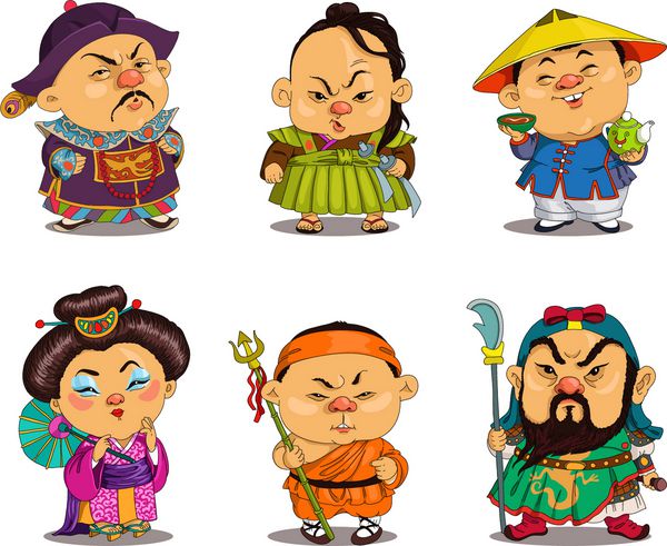 کارتون بردار چینی های خنده دار در لباس های ملی کارتون طلسم شخصیت ها ست چینی اشیاء جدا شده